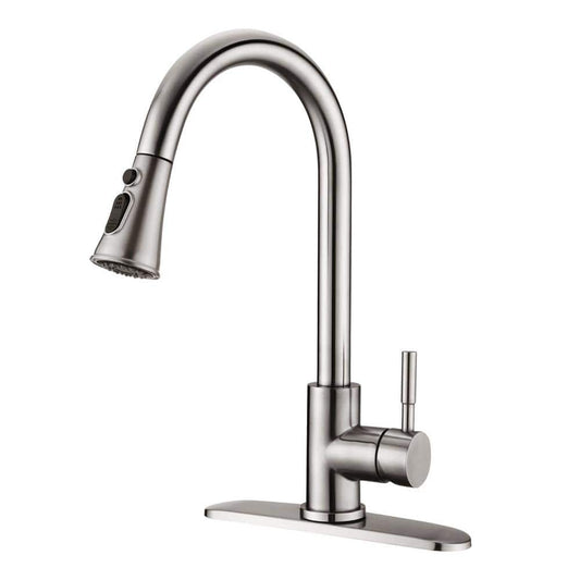  Single Handle Deck Mount Gooseneck Pull Down Sprayer Kitchen Faucet With Deckplate In Brushed Nickel