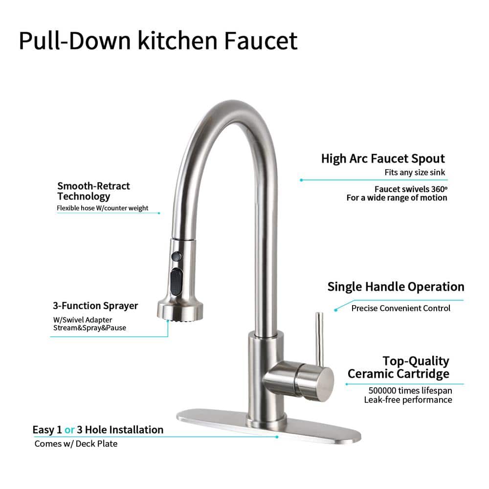  Single Handle Deck Mount Gooseneck Pull Down Sprayer Kitchen Faucet With Deckplate Included In Brushed Nickel
