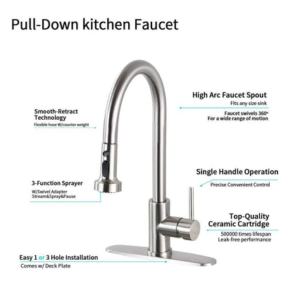  Single Handle Deck Mount Gooseneck Pull Down Sprayer Kitchen Faucet With Deckplate Included In Brushed Nickel