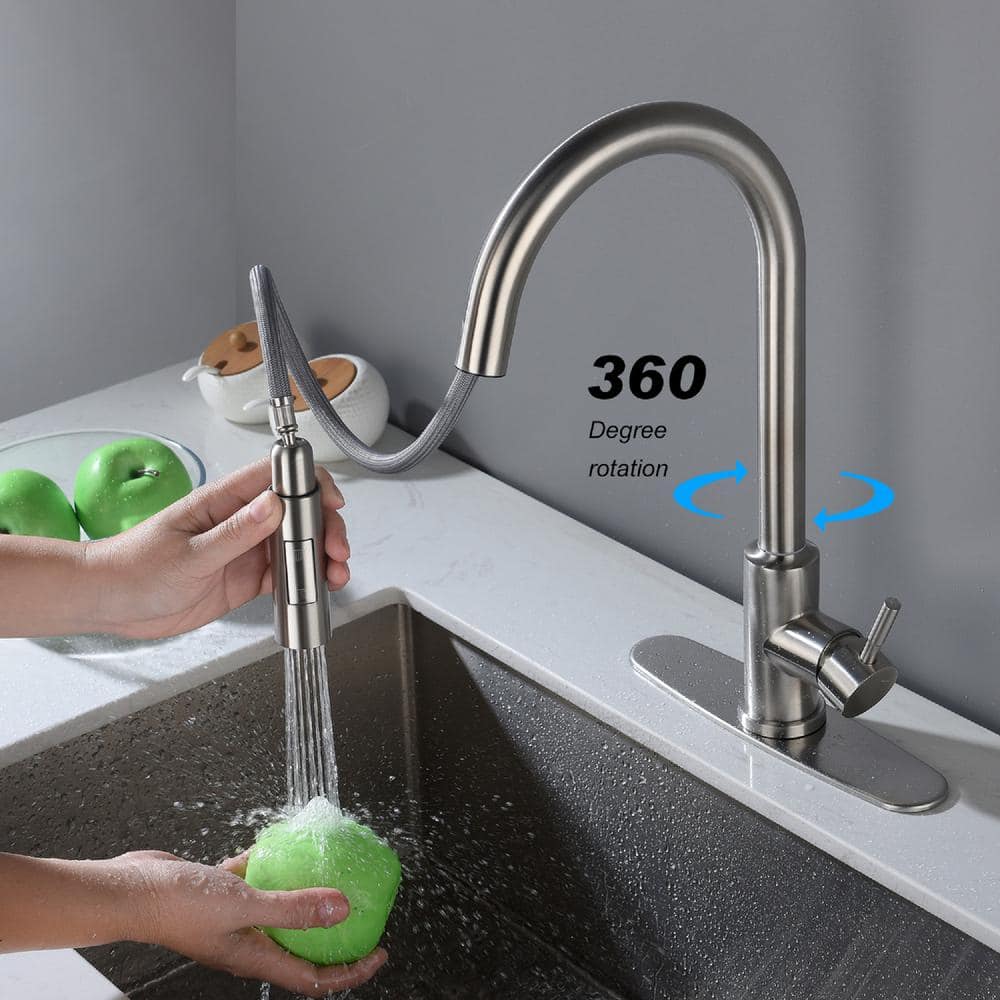  Single Handle Wall Mount Gooseneck Pull Down Sprayer Kitchen Faucet With Deckplate Included And Handle In Brushed Nickel
