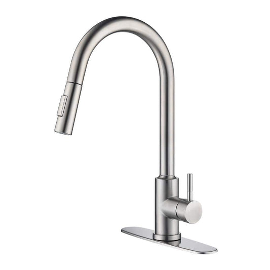  Single Handle Wall Mount Gooseneck Pull Down Sprayer Kitchen Faucet With Deckplate Included And Handle In Brushed Nickel
