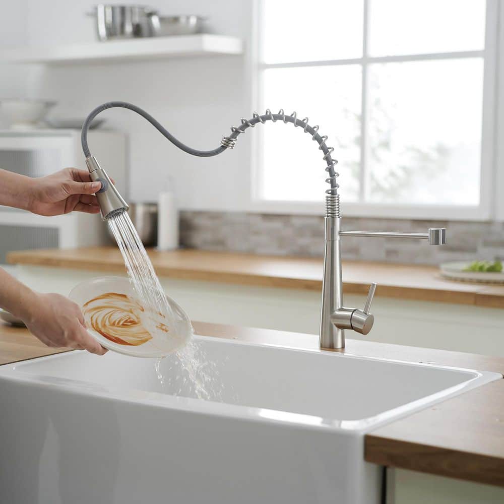  Single Handle Pull Down Sprayer Kitchen Faucet 15.2 In. 360 ° Spout Swivel Stainless Steel Taps In Brushed Nickel