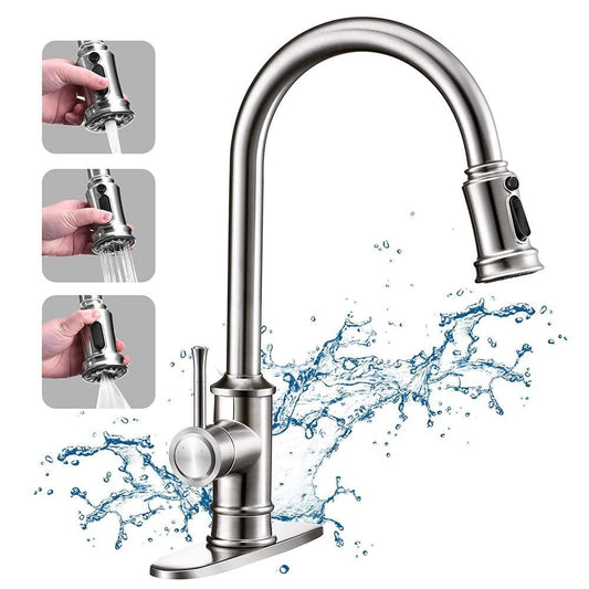  17.7 In 360° Spout Swivel Kitchen Faucet: 3-Mode Pull-Down Sprayer In Brushed Nickel
