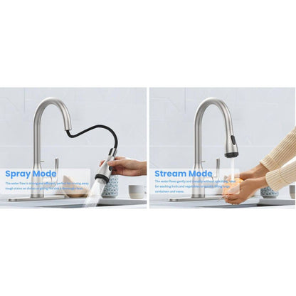  15.74 In. Kitchen Faucet With Pull Down Sprayer And 4-Spraying Modes Brushed Nickel 1 Or 3 Hole 360° Spout Swivel