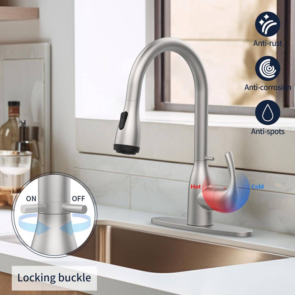  15.74 In. Kitchen Faucet With Pull Down Sprayer And 4-Spraying Modes Brushed Nickel 1 Or 3 Hole 360° Spout Swivel
