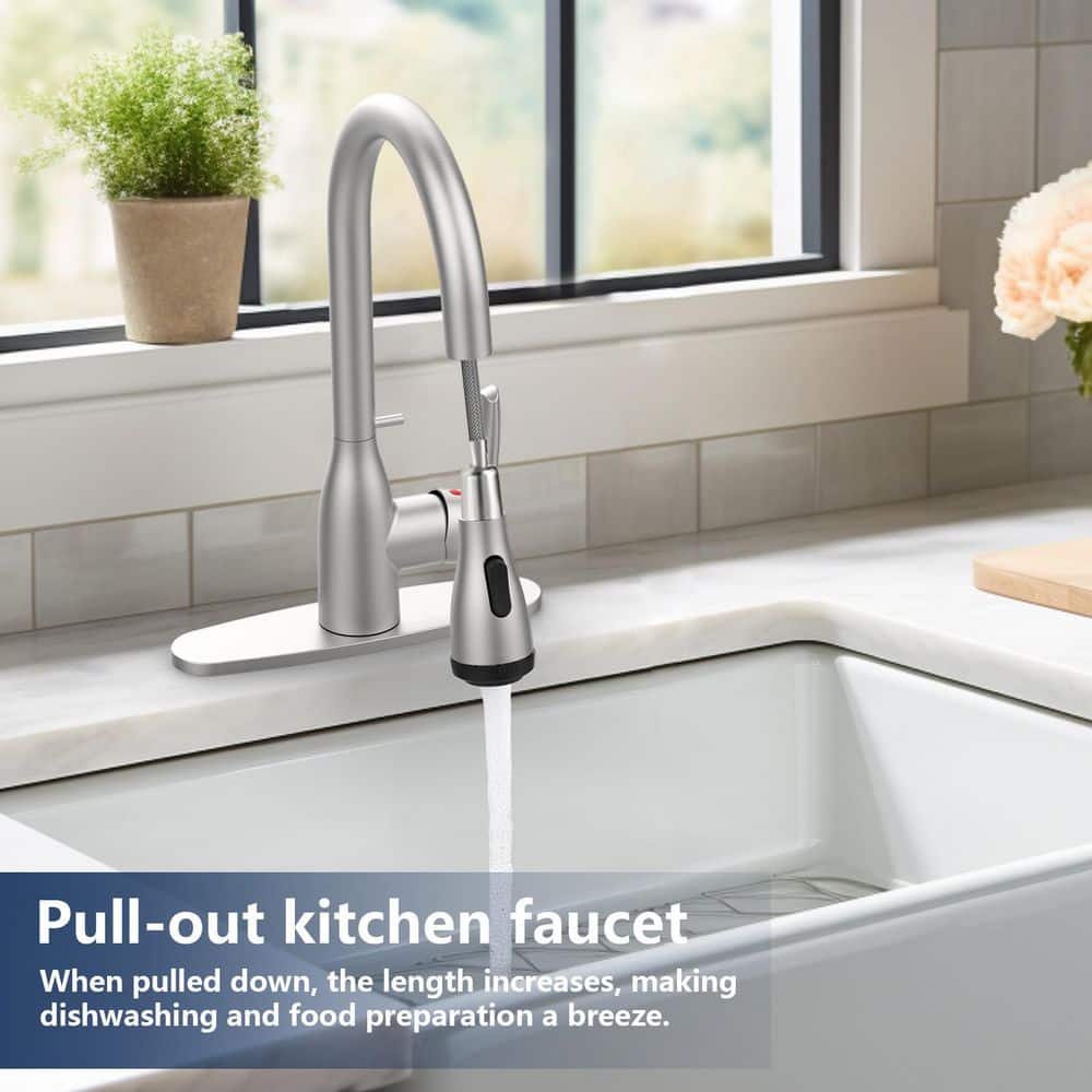  15.74 In. Kitchen Faucet With Pull Down Sprayer And 4-Spraying Modes Brushed Nickel 1 Or 3 Hole 360° Spout Swivel