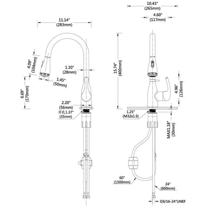  15.74 In. Kitchen Faucet With Pull Down Sprayer And 4-Spraying Modes Brushed Nickel 1 Or 3 Hole 360° Spout Swivel