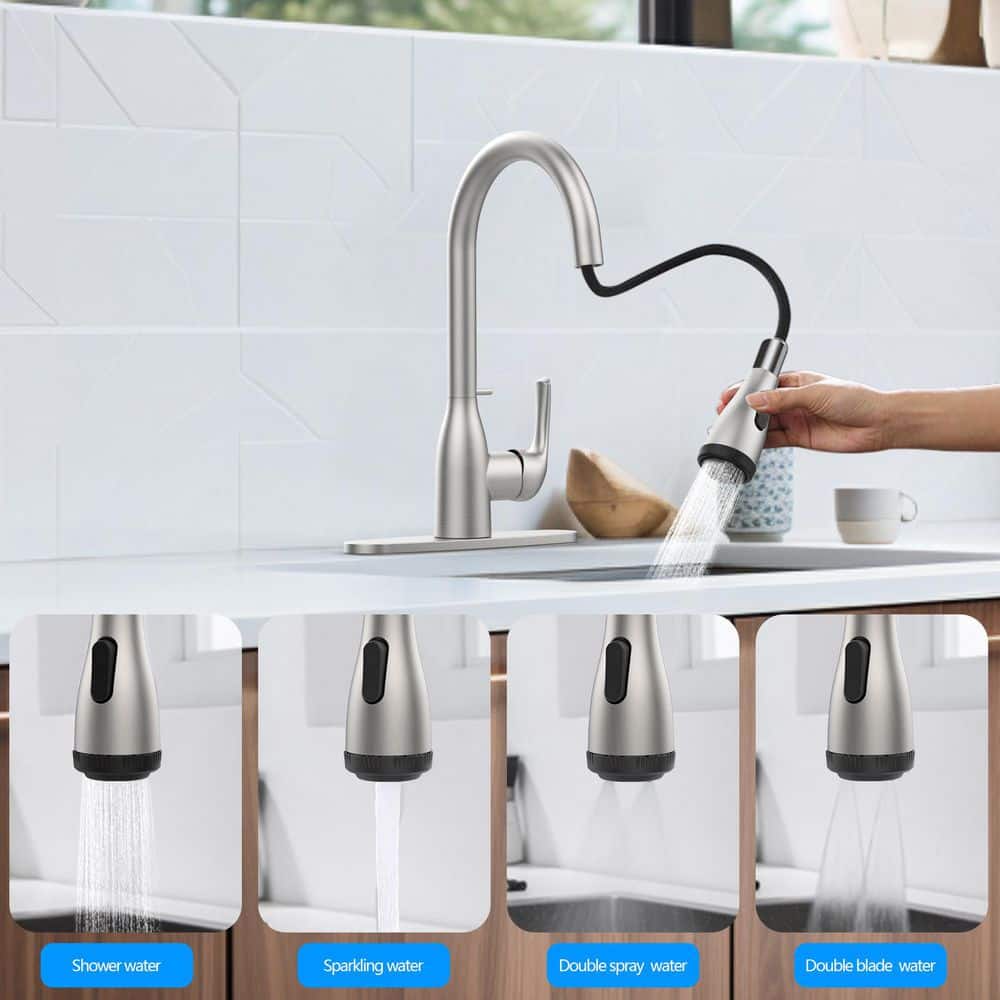  15.74 In. Kitchen Faucet With Pull Down Sprayer And 4-Spraying Modes Brushed Nickel 1 Or 3 Hole 360° Spout Swivel