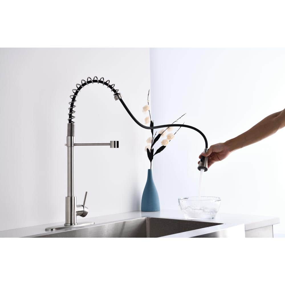  Brushed Nickle Single Handle Commercial Modern Spring High Arc Kitchen Faucet