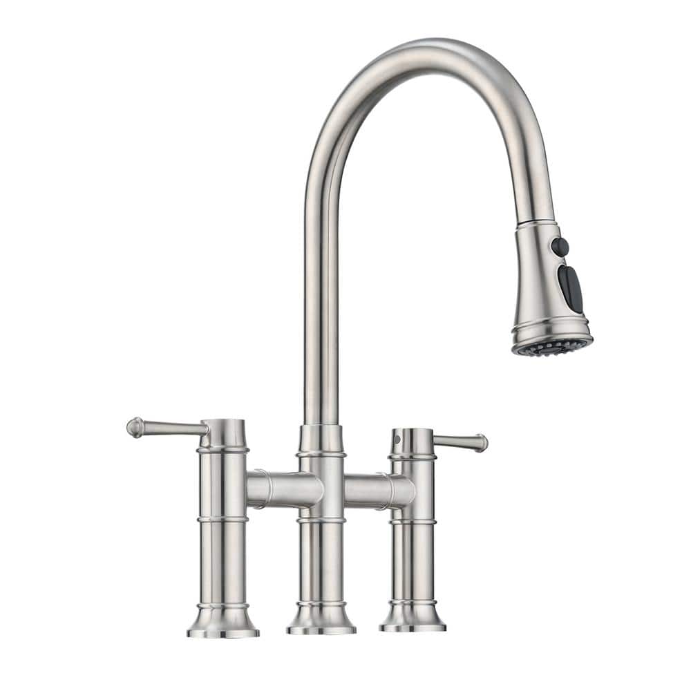  Double Handle Pull Down Sprayer Kitchen Faucet In Brushed Nickel