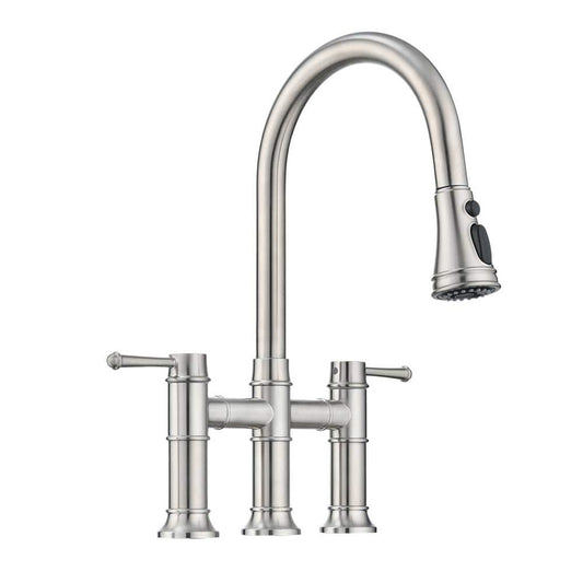  Double Handle Pull Down Sprayer Kitchen Faucet In Brushed Nickel