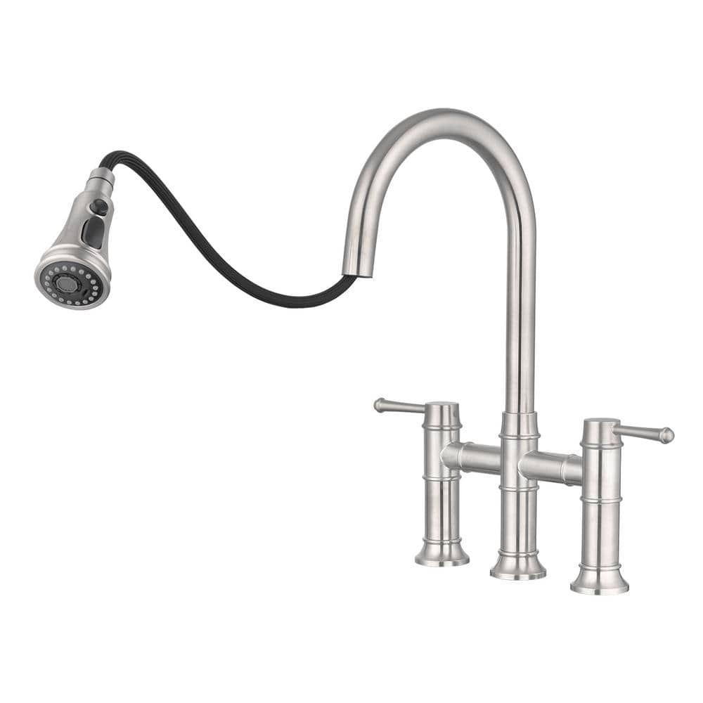  Double Handle Pull Down Sprayer Kitchen Faucet In Brushed Nickel
