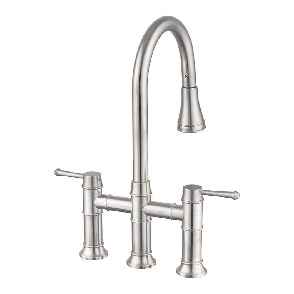  Double Handle Pull Down Sprayer Kitchen Faucet In Brushed Nickel
