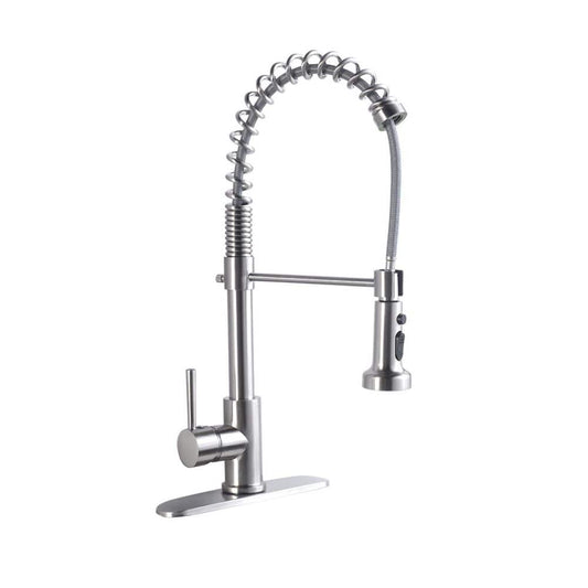  21 In. 360° Spout Swivel Kitchen Faucet With Dual Function Pull-Down Sprayhead In Brushed Nickel Finish