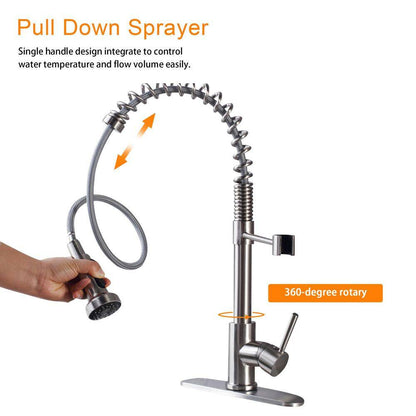  21 In. 360° Spout Swivel Kitchen Faucet With Dual Function Pull-Down Sprayhead In Brushed Nickel Finish