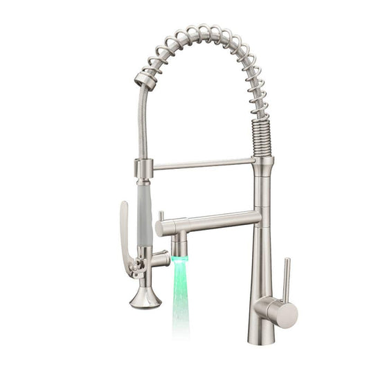  Heavy Duty Commercial Style LED Kitchen Sink Faucet, Single Handle Pre-Rinse Spring Sprayer, Pull Down Brushed Nickel