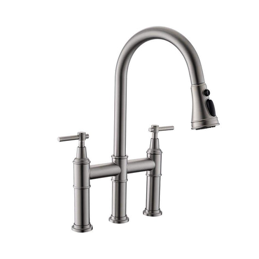  3 Hole Brushed Nickel Bridge Kitchen Faucet With Pull Down Sprayer, 2 Handle Faucet For Kitchen Sinks