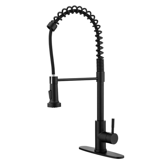  Commercial Spring Kitchen Faucets Matte Black With Pull Out Sprayer, Single Handle One Hole Kitchen Sink Faucet