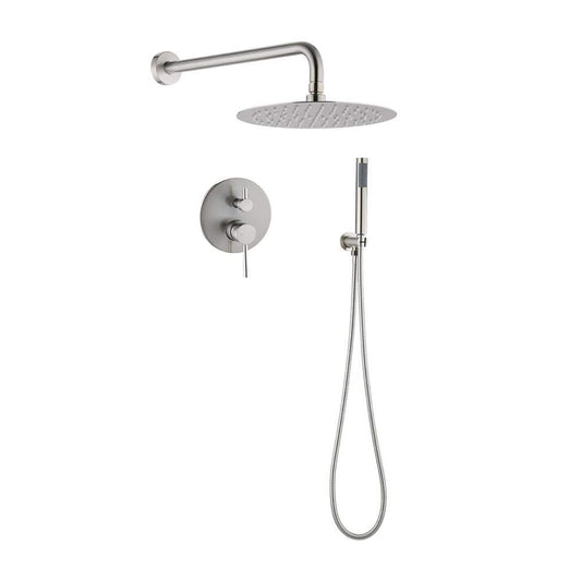  2-Handle 1-Spray Round Faucet With 10 In. Rain Shower Headand Handheld Shower Head Set Valve Included In Brushed Nickel