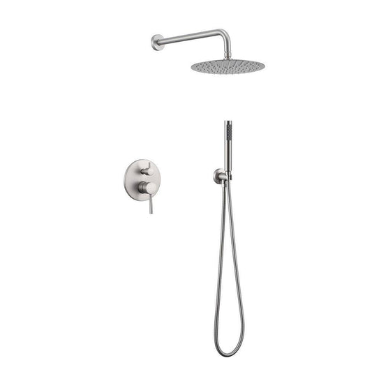  Double Handle 1-Spray Round Shower Faucet 2 GPM With 10 In. Rain Shower Head And Handheld In Brushed Nickel