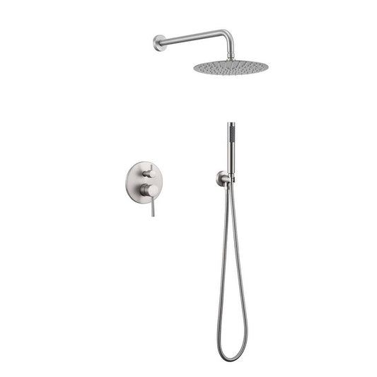  Double Handle 1-Spray Round Shower Faucet 2.5 GPM With 10 In. Rain Shower Head And Handheld In Brushed Nickel