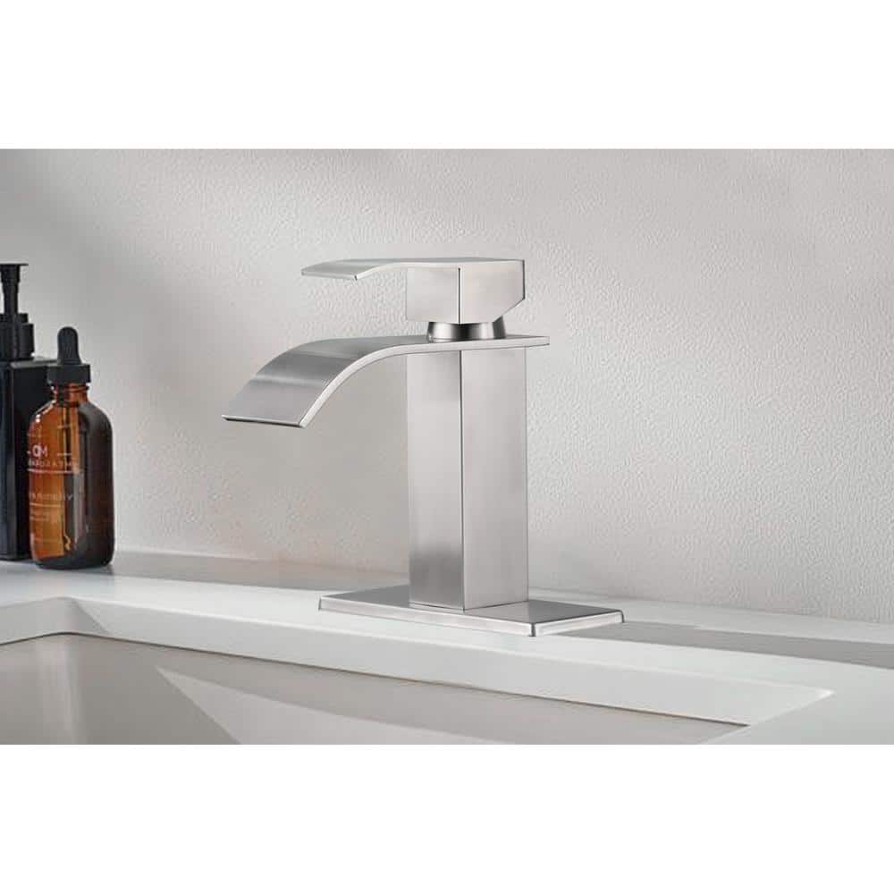  Waterfall Spout Single Handle Bathroom Sink Faucet In Brushed Nickel