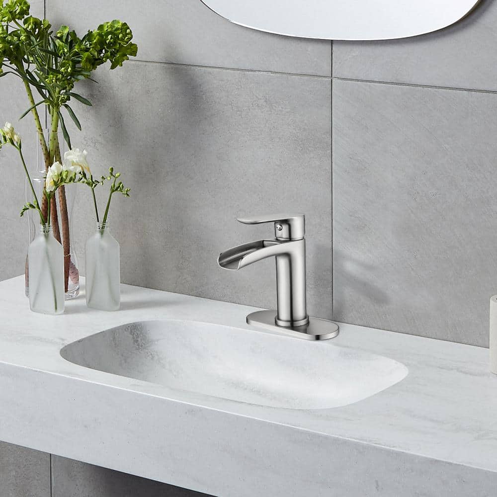  Single Handle Wall Mounted Bathroom Faucet With Deck Plate And Overflow Pop Up Drain In Brushed Nickel
