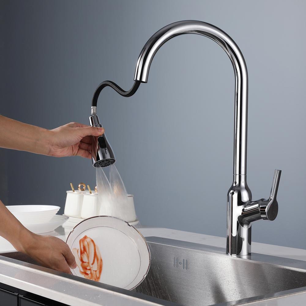  Single Handle Pull Down Sprayer Kitchen Faucet With Gooseneck In Chrome