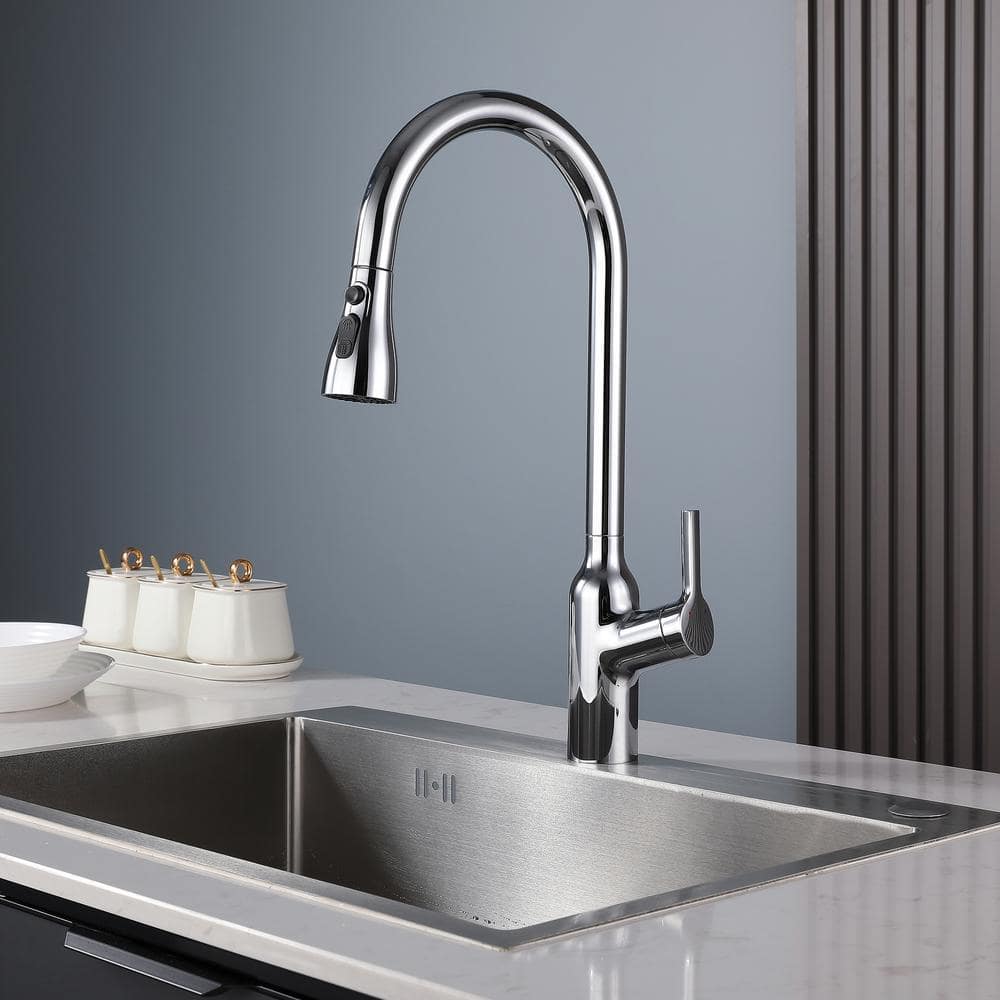  Single Handle Pull Down Sprayer Kitchen Faucet With Gooseneck In Chrome