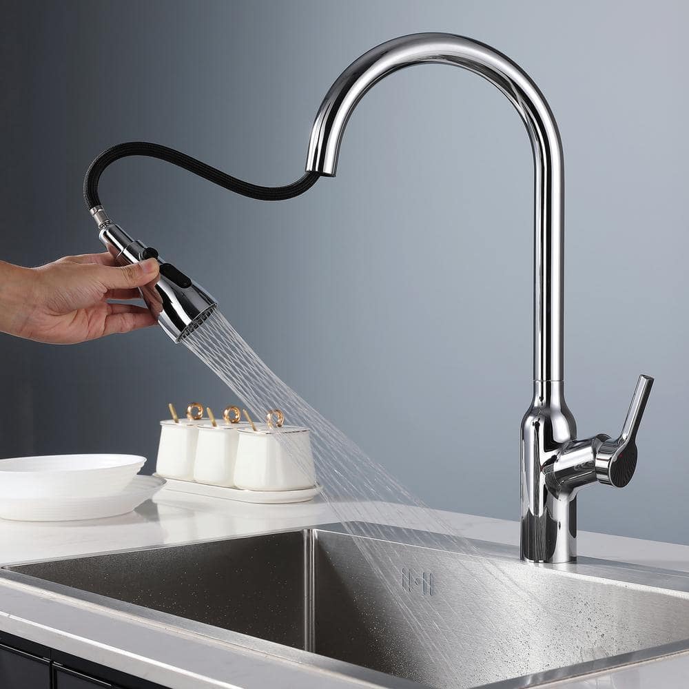  Single Handle Pull Down Sprayer Kitchen Faucet With Gooseneck In Chrome