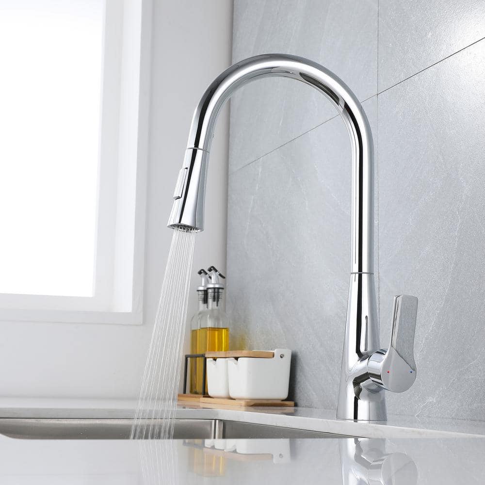  Single Handle Pull Down Sprayer Kitchen Faucet In Chrome Elegant