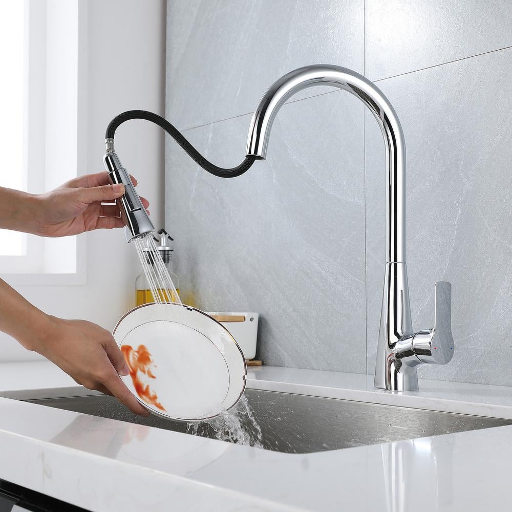  Single Handle Pull Down Sprayer Kitchen Faucet In Chrome Elegant