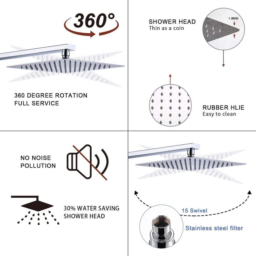  Single-Handle 2-Spray Patterns Rainfall Rectangle Dual Shower Head In Chrome (Valve Included)