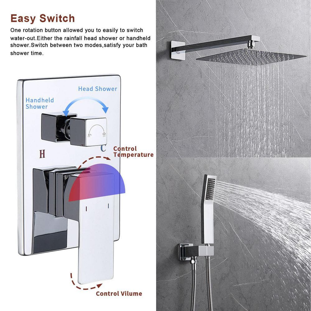  Single-Handle 2-Spray Patterns Rainfall Rectangle Dual Shower Head In Chrome (Valve Included)