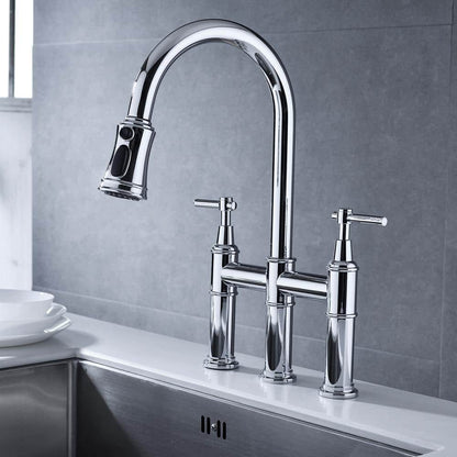  Double Handle Bridge Kitchen Faucet In Chrome