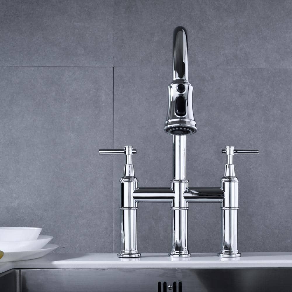  Double Handle Bridge Kitchen Faucet In Chrome