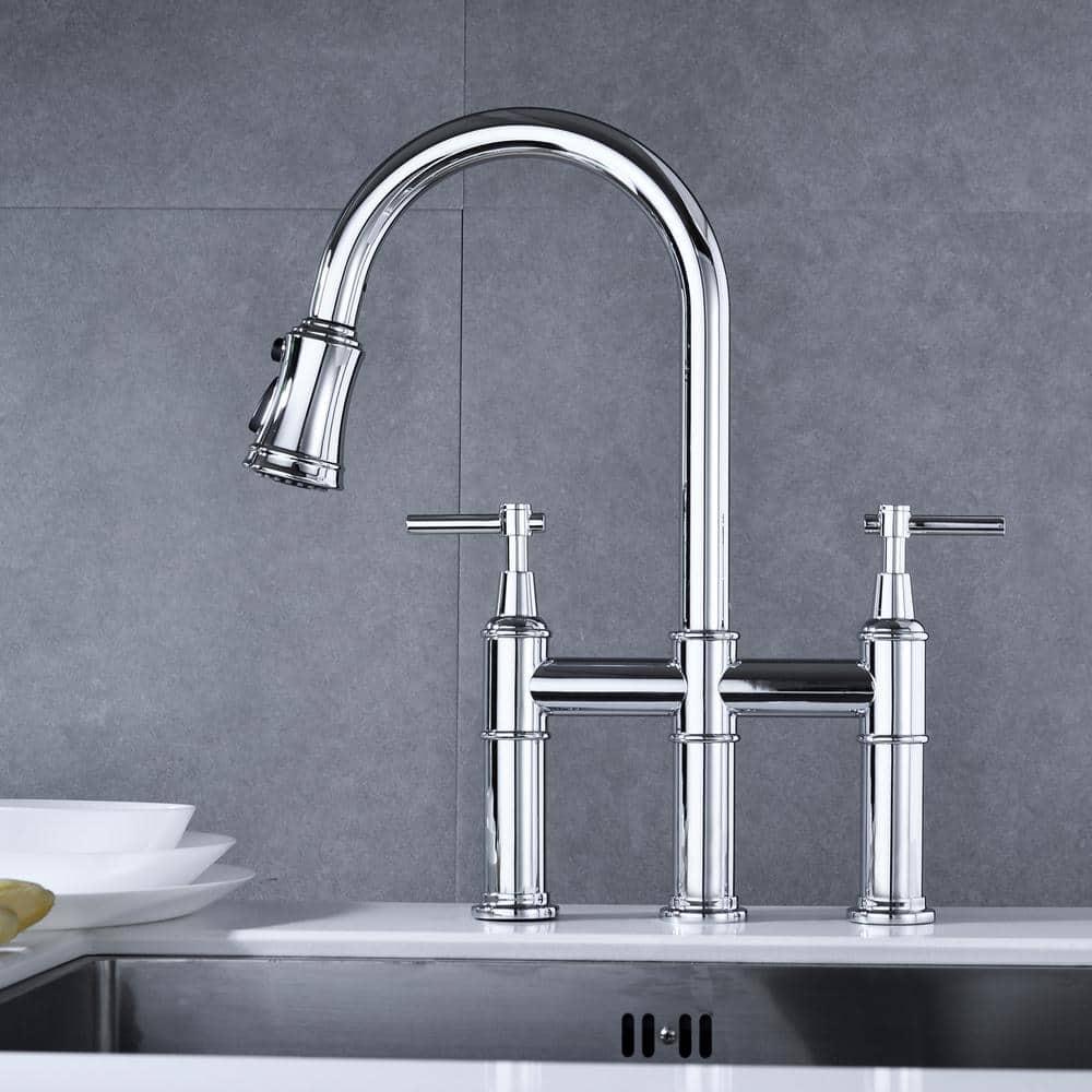  Double Handle Bridge Kitchen Faucet In Chrome