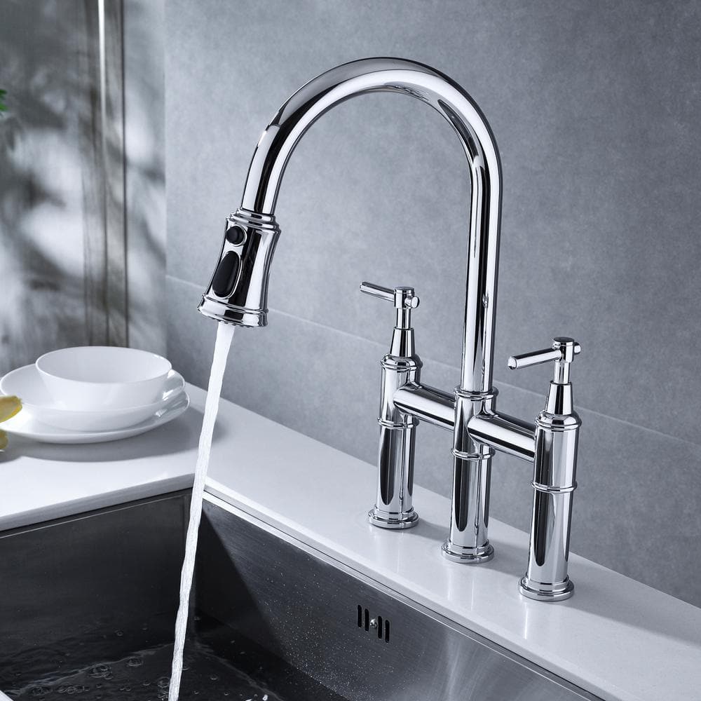 Double Handle Bridge Kitchen Faucet In Chrome
