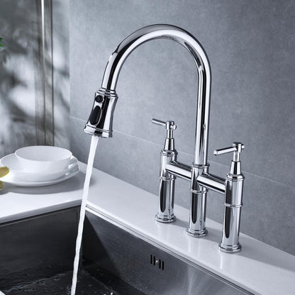  Double Handle Bridge Kitchen Faucet In Chrome