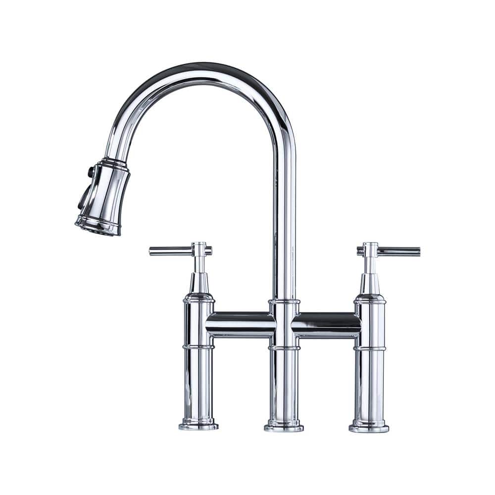  Double Handle Bridge Kitchen Faucet In Chrome