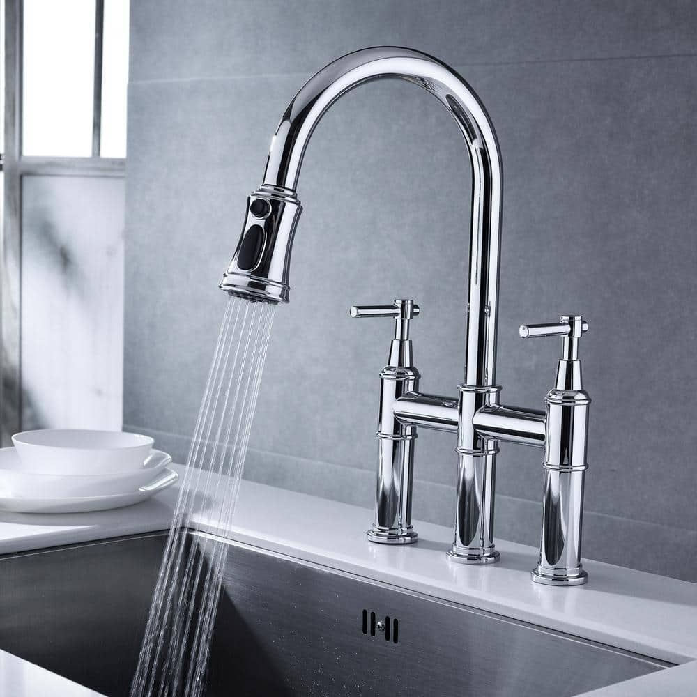  Double Handle Bridge Kitchen Faucet In Chrome