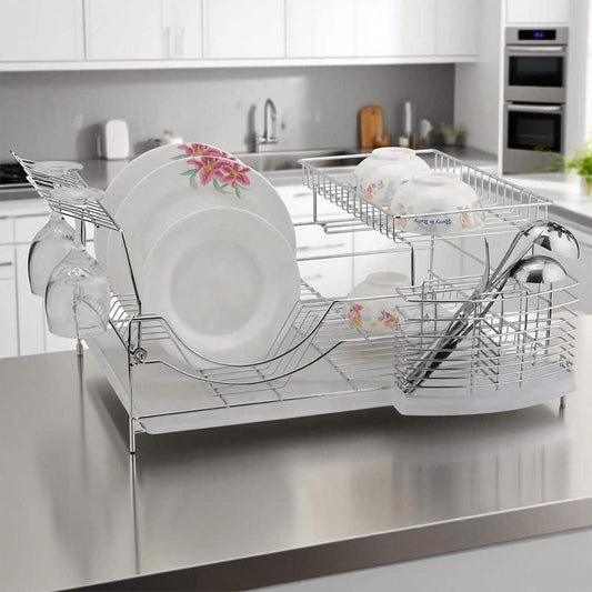 2-Tier Silver Stainless Steel Standing Dish Rack With Chrome-Plated