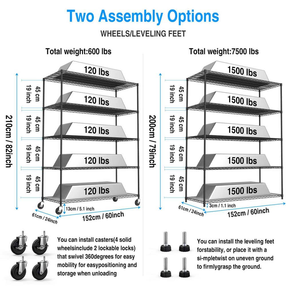  5-Tier, 7500-lbs. Heavy-Duty Adjustable Metal Shelf With Wheels And Liners 82 In. H X 60 In. L X 24 In. D In Chrome
