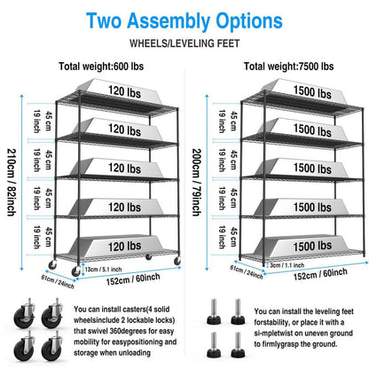  5-Tier, 7500-lbs. Heavy-Duty Adjustable Metal Shelf With Wheels And Liners 82 In. H X 60 In. L X 24 In. D In Chrome