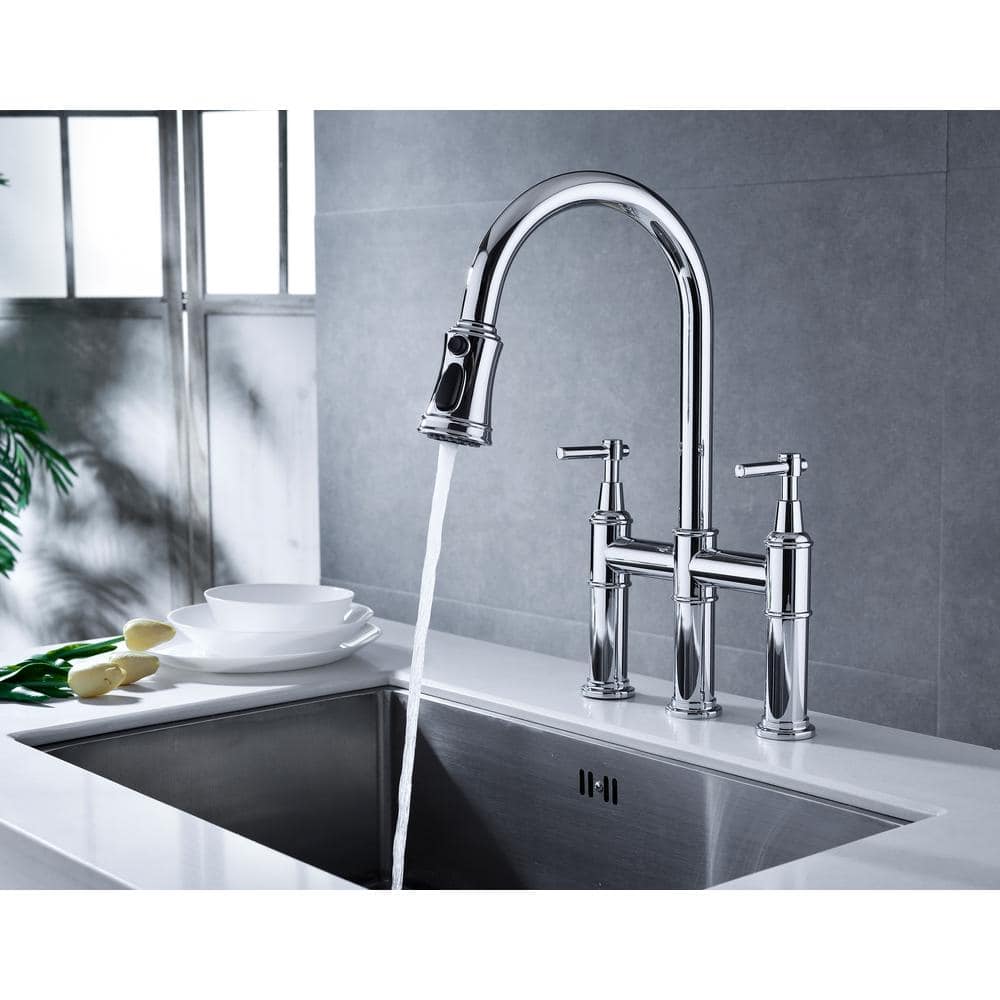  Double Handle Pull Down Sprayer Kitchen Faucet In Chrome