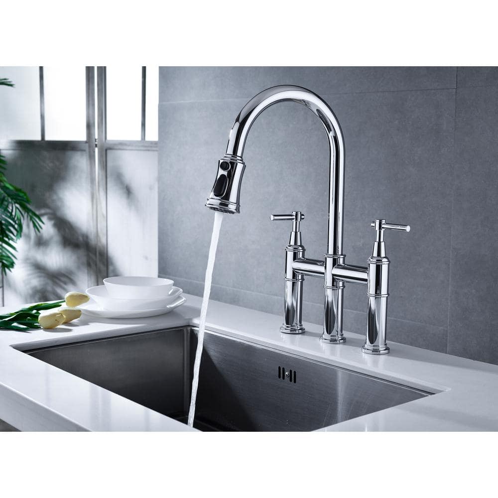  Double Handle Pull Down Sprayer Kitchen Faucet In Chrome