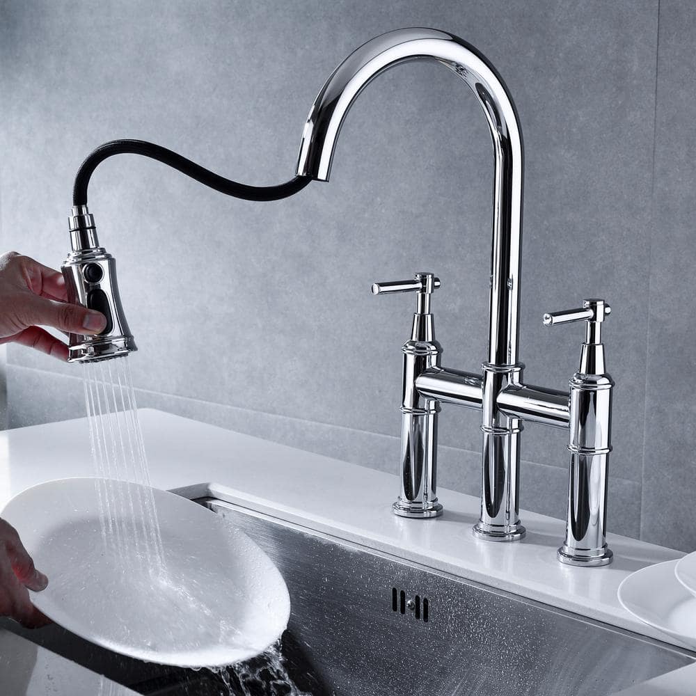 Double Handle Pull Down Sprayer Kitchen Faucet In Chrome