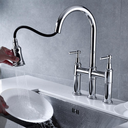  Double Handle Pull Down Sprayer Kitchen Faucet In Chrome