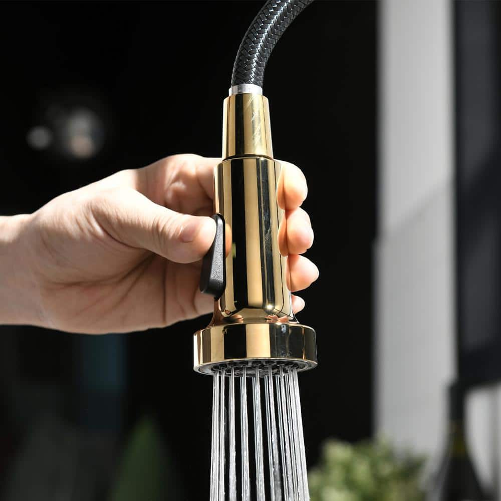  Single Handle Deck Mount Pull Down Sprayer Kitchen Faucet In Gold