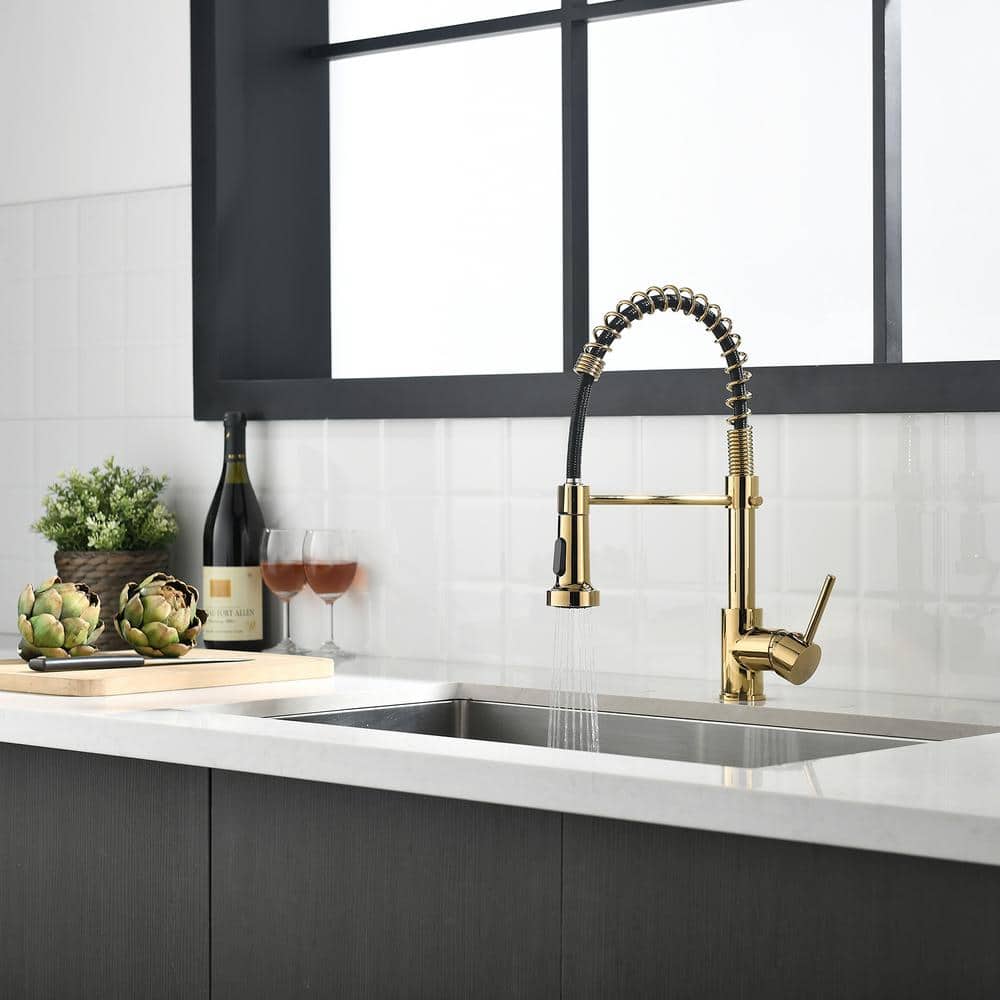  Single Handle Deck Mount Pull Down Sprayer Kitchen Faucet In Gold